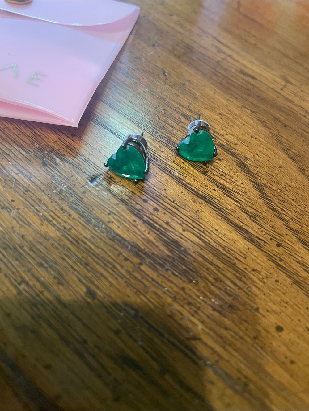 New in Pouch By Alexa Rae Emerald Love Stud Earrings, Emerald and Gunmetal - Picture 2 of 5